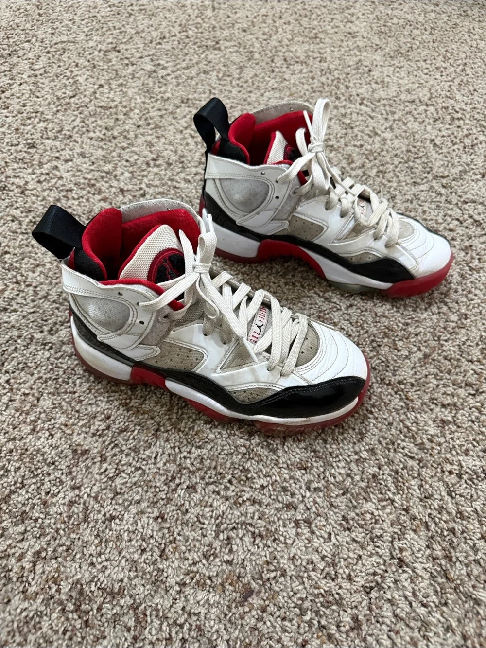 Jordan Kids High-Top Sneakers in White, Black & Red